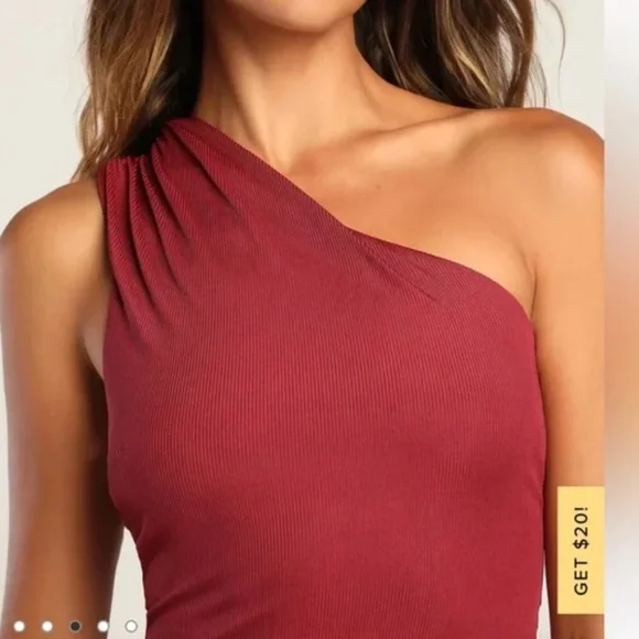 NWT Lulus Pure Attractions Burgundy One Shoulder Ribbed Midi Dress - Picture 4 of 8